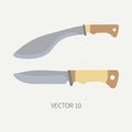 Line tile color vector hunt and camping icon machete, knife set. Hunter equipment, armament. Retro cartoon style
