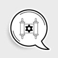 Line Torah scroll icon isolated on grey background. Jewish Torah in expanded form. Star of David symbol. Old parchment