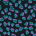 Line Toy train icon isolated seamless pattern on black background. Vector Royalty Free Stock Photo