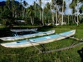 Line of traditional boats on the grass in Tahiti, French Polynesia