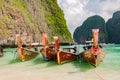 Line of traditional longtail boats docked in the famous Maya ba