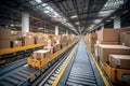 Line for transporting goods in a warehouse. Large mail warehouse with packed boxes. Conveyor for corton boxes in a warehouse Royalty Free Stock Photo