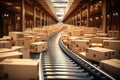 Line for transporting goods in a warehouse. Large mail warehouse with packed boxes. Conveyor for corton boxes in a warehouse Royalty Free Stock Photo