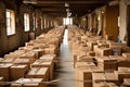 Line for transporting goods in a warehouse. Large mail warehouse with packed boxes. Conveyor for corton boxes in a warehouse Royalty Free Stock Photo