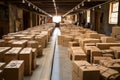 Line for transporting goods in a warehouse. Large mail warehouse with packed boxes. Conveyor for corton boxes in a warehouse Royalty Free Stock Photo