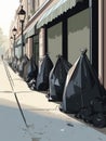 A line of trash bags being wheeled down the city sidewalk their contents ly visible.. AI generation