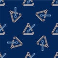 Line Triangle musical instrument icon isolated seamless pattern on blue background. Vector Royalty Free Stock Photo
