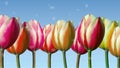 Line of tulips moved from side to side with soft cloudlets