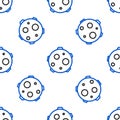 Line UFO abducts cow icon isolated seamless pattern on white background. Flying saucer. Alien space ship. Futuristic