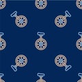 Line Unicycle or one wheel bicycle icon isolated seamless pattern on blue background. Monowheel bicycle. Vector