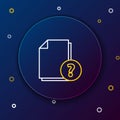 Line Unknown document icon isolated on blue background. File with Question mark. Hold report, service and global search