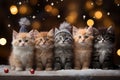 A line-up of cute kittens wearing tiny Christmas scarves and surrounded by snowflakes and twinkling lights, showcasing the magic