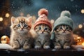 A line-up of cute kittens wearing tiny Christmas scarves and surrounded by snowflakes and twinkling lights, showcasing the magic