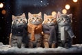 A line-up of cute kittens wearing tiny Christmas scarves and surrounded by snowflakes and twinkling lights, showcasing the magic