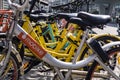 A line up of dockless shared bikes