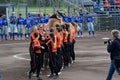 Line up and national anthems prior a Super 6 softballgame between the Netherlands and Italy Royalty Free Stock Photo