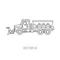 Line flat vector icon construction machinery snowplower truck tipper. Industrial style. Corporate cargo delivery. Snow Royalty Free Stock Photo