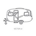 Line vector icon retro tourism auto trailer. Classic 1950s style. Nostalgia antique automobile family camping. Summer