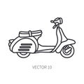 Line vector icon retro tourism scooter. Classic 1950s style. Nostalgia subcompact antique motorcycle. Summer travel