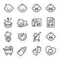 Line Vector Icon Set of Baby Newborn. Contains Icons Birth Certificate, Trolley, Diapers, Birthday Cake and more.