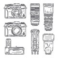 Line vector icon set digital photographer professional equipment. Photography art. Photographic power bank, tripod Royalty Free Stock Photo