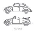 Line vector icon set retro tourism auto. Classic 1950s style. Nostalgia subcompact antique automobile. Summer travel