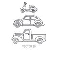 Line vector icon set retro tourism auto, scooter and pickup. Classic 1950s style. Nostalgia subcompact antique