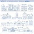 Line Vector Illustration Set. Buburb homes and shops