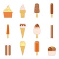 Line vector illustration of set of various types of ice cream including frozen yogurt, gelato, soft serve, waffle cones Royalty Free Stock Photo