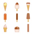 Line vector illustration of set of various types of ice cream including frozen yogurt, gelato, soft serve, waffle cones Royalty Free Stock Photo