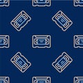 Line VHS video cassette tape icon isolated seamless pattern on blue background. Vector Royalty Free Stock Photo