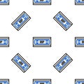 Line VHS video cassette tape icon isolated seamless pattern on white background. Colorful outline concept. Vector Royalty Free Stock Photo