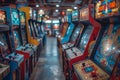 A line of video game machines neatly set up in a room for gaming enthusiasts