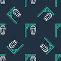 Line Vintage street light icon isolated seamless pattern on black background. Vector Royalty Free Stock Photo