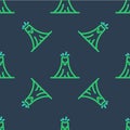 Line Volcano eruption with lava icon isolated seamless pattern on blue background. Vector