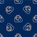 Line Water mill icon isolated seamless pattern on blue background. Water wheel energy. Hydro power turbine wheel. Vector