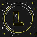 Line Waterproof rubber boot icon isolated on black background. Gumboots for rainy weather, fishing, gardening. Colorful