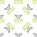 Line Whale tail in ocean wave icon isolated seamless pattern on white background. Vector Royalty Free Stock Photo