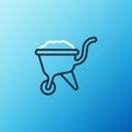 Line Wheelbarrow with dirt icon isolated on blue background. Tool equipment. Agriculture cart wheel farm. Colorful