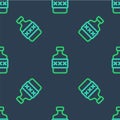 Line Whiskey bottle icon isolated seamless pattern on blue background. Vector