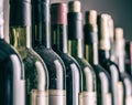 Line of wine bottles. Close-up. Royalty Free Stock Photo