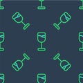 Line Wine glass icon isolated seamless pattern on blue background. Wineglass icon. Goblet symbol. Glassware sign. Happy Royalty Free Stock Photo