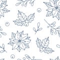 Line winter florral seamless pattern with poinsettia, holly leaves, berries for greeting cards, fabric, wrapping papers Royalty Free Stock Photo