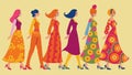 A line of women in bright paisleyprinted maxi dresses reminiscent of Woodstock era fashion strolled confidently down the Royalty Free Stock Photo