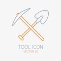 Line working color pickaxe with shovel construction, building and home repair icon. Vector illustration. Element for