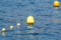 Line of yellow buoys against the blue sea. Restriction on open water. Glare and ripples on the water Royalty Free Stock Photo