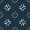 Line Yin Yang symbol of harmony and balance icon isolated seamless pattern on black background. Vector