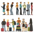Line of young people characters while waiting for their turn for interview or trip vector illustration.