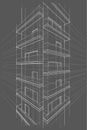 Linear sketch multi-storey building perspective on gray background Royalty Free Stock Photo