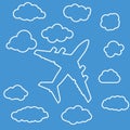 Linear airplane with clouds on blue air background